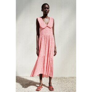 Zara Oversized Floral Print Maxi Dress Peter Pan Collar Tiered Red White Medium